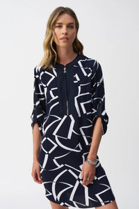 Joseph Ribkoff Midnight Blue/Vanilla Woven Geometric Print Straight Dress  251143