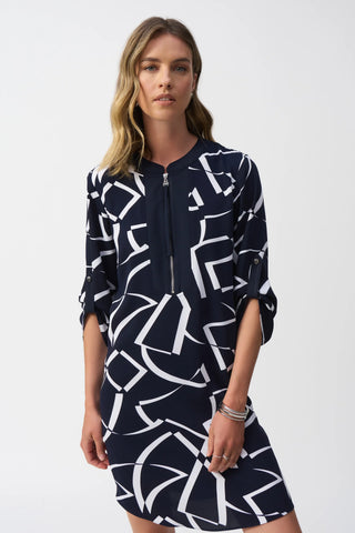 Joseph Ribkoff Midnight Blue/Vanilla Woven Geometric Print Straight Dress  251143