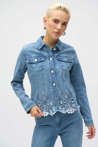 Joseph Ribkoff Denim Medium Blue Stretch Jacket With Embroidery  252911