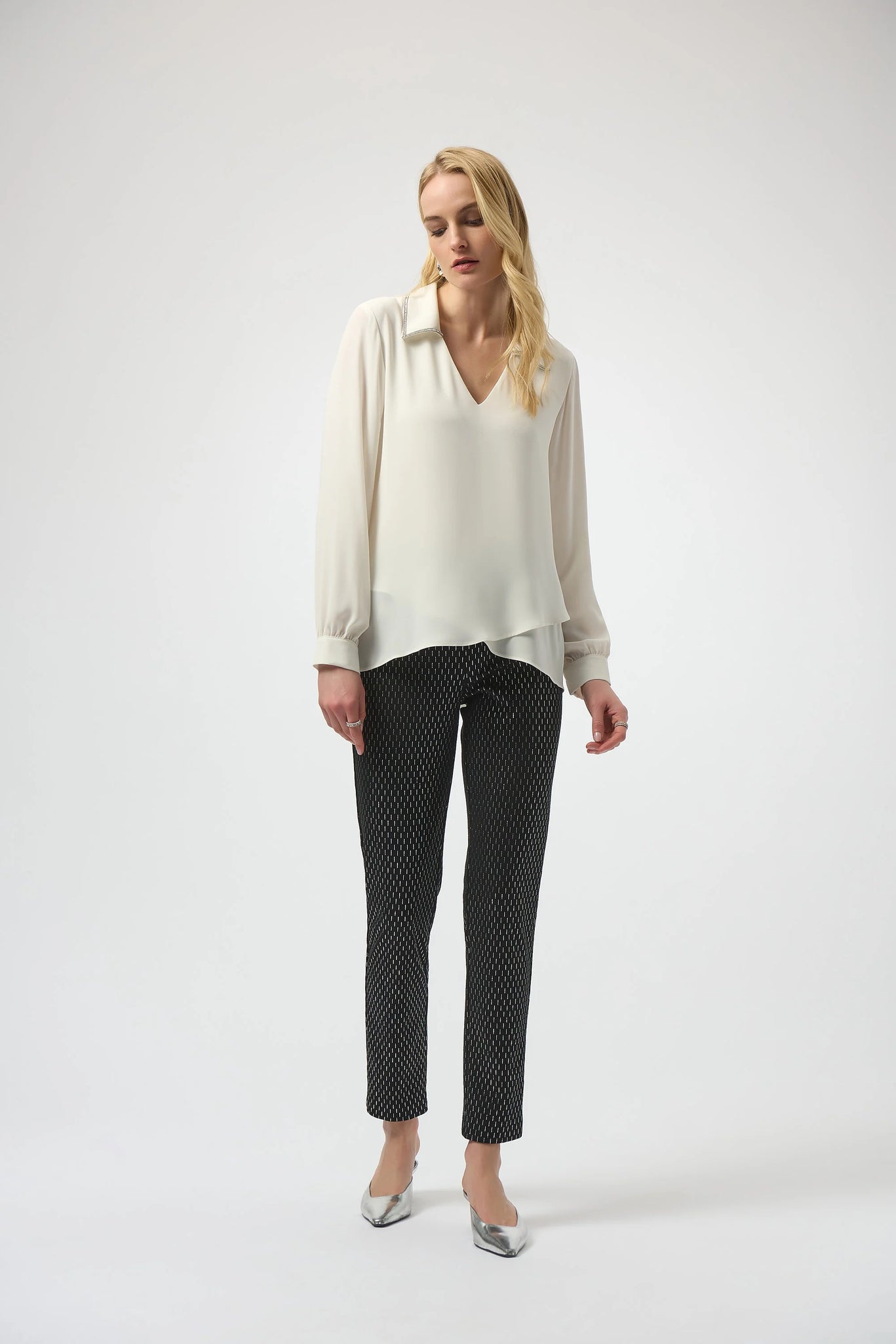 Joseph Ribkoff Slim Formal Geometric Trousers Black Silver  254143